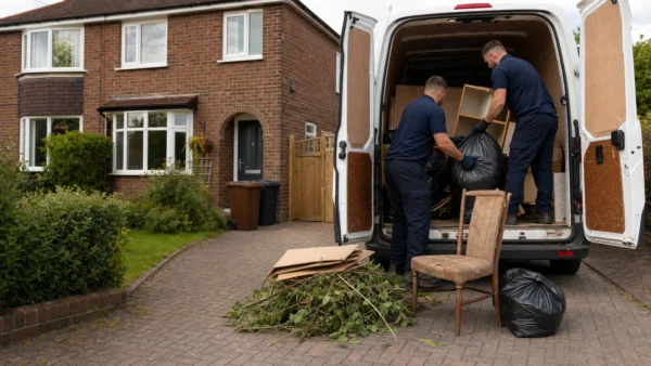 Residential rubbish clearance at a British home, with workers loading household and garden waste into a van