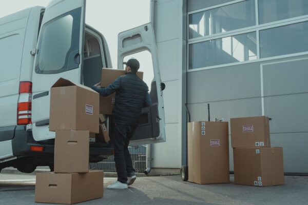Cardboard boxes being loaded for a house move and storage