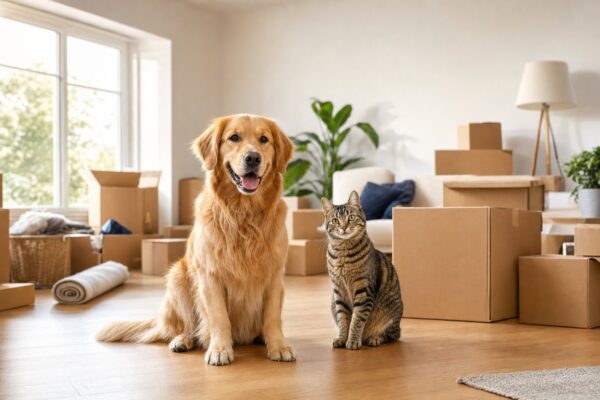A cat sitting beside packed cardboard moving boxes