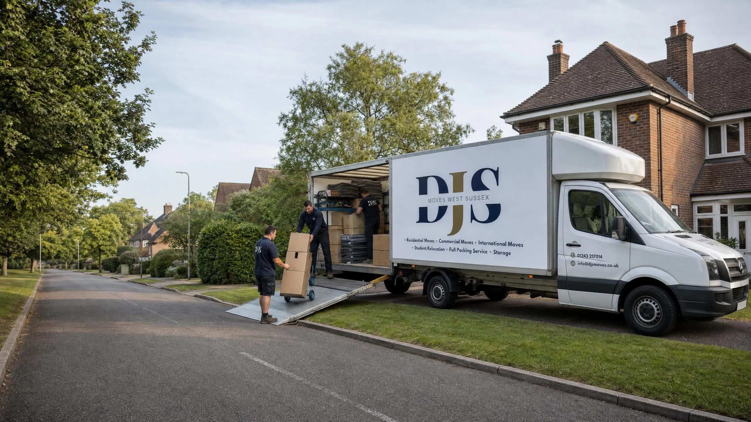 DJS Moves team loading boxes into the branded van outside a UK home