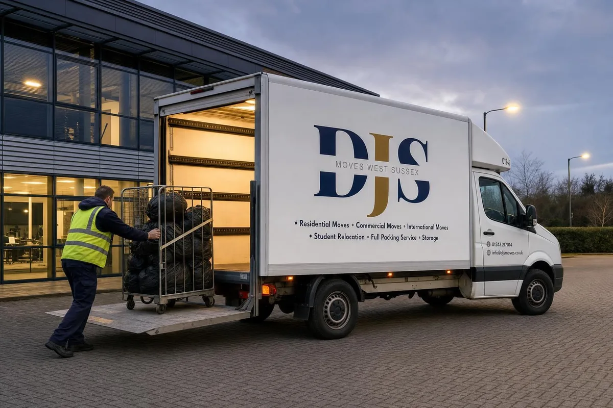 DJS Moves worker wheeling bagged waste to the branded van outside an office building at dusk