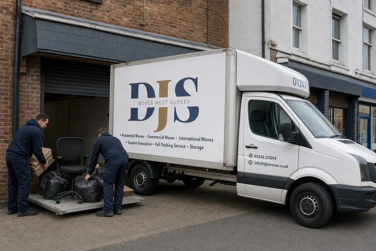 DJS Moves crew loading bagged commercial waste and an office chair onto the branded DJS Moves van