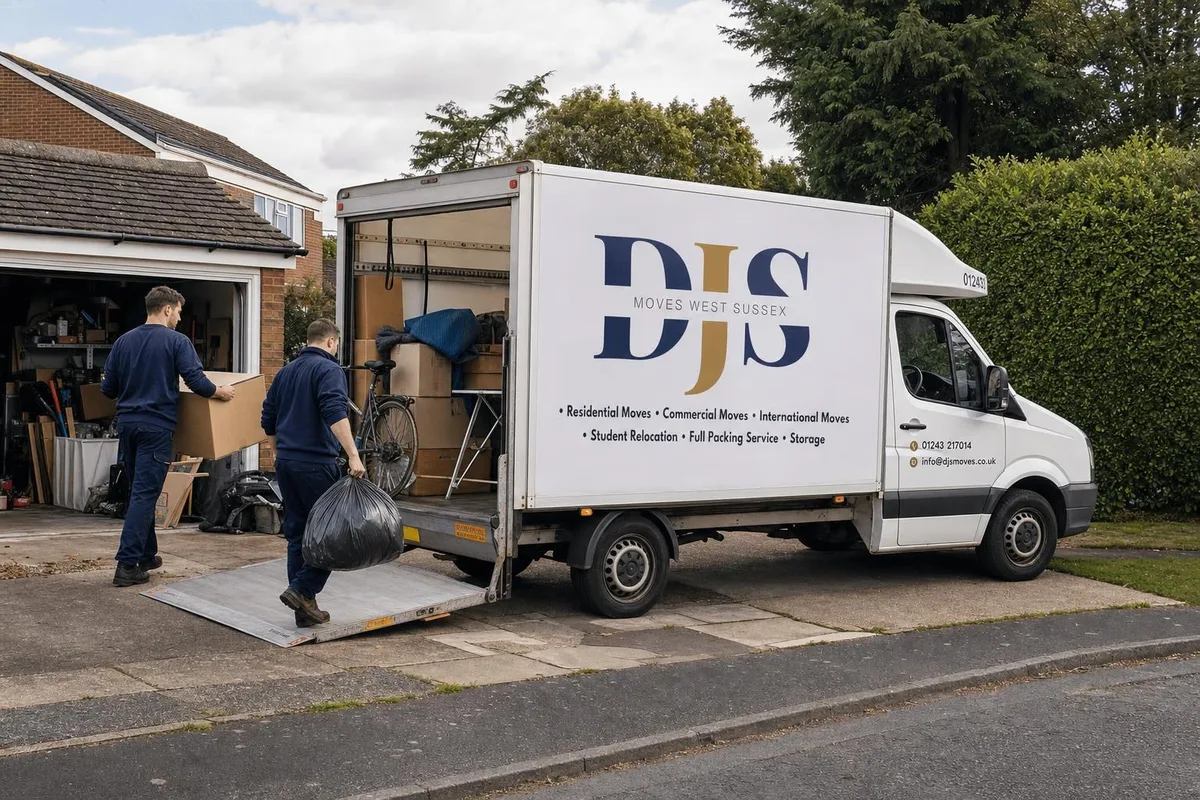 DJS Moves crew clearing boxes and bagged rubbish from a garage to the branded van