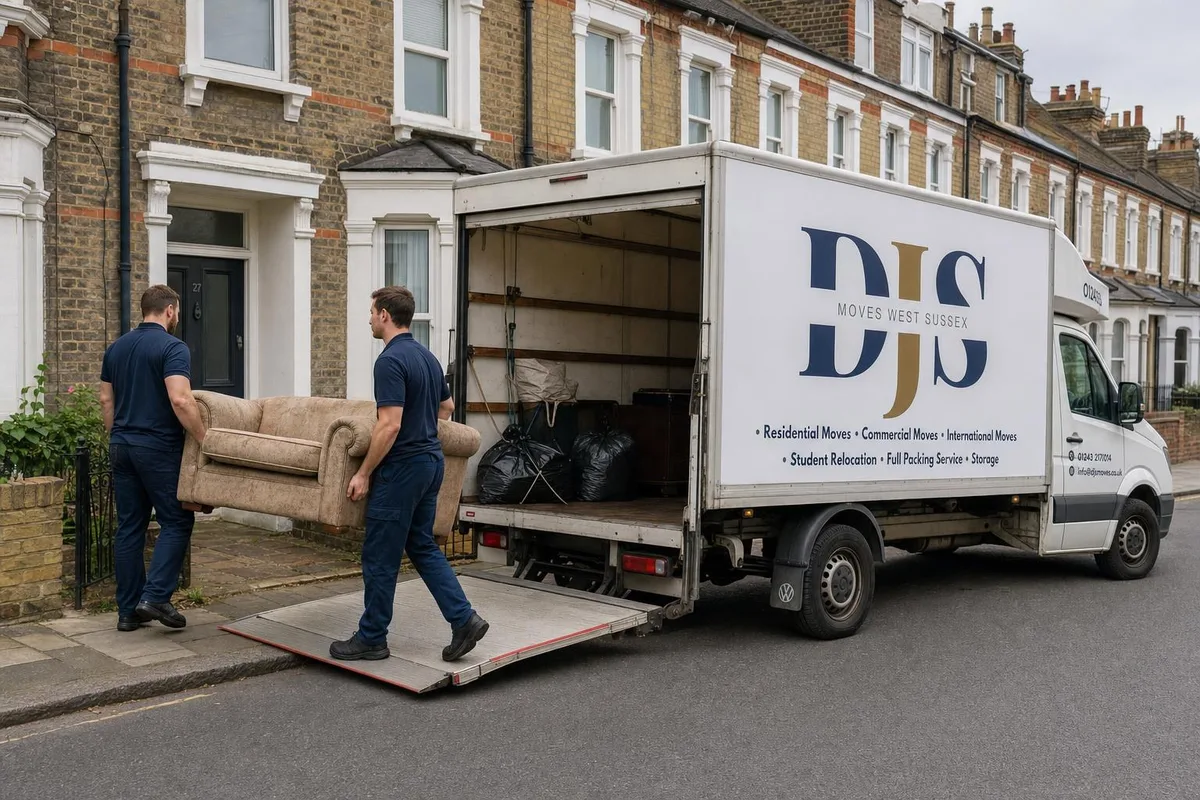 Two DJS Moves workers carrying an old sofa to the branded DJS Moves van outside a terraced house