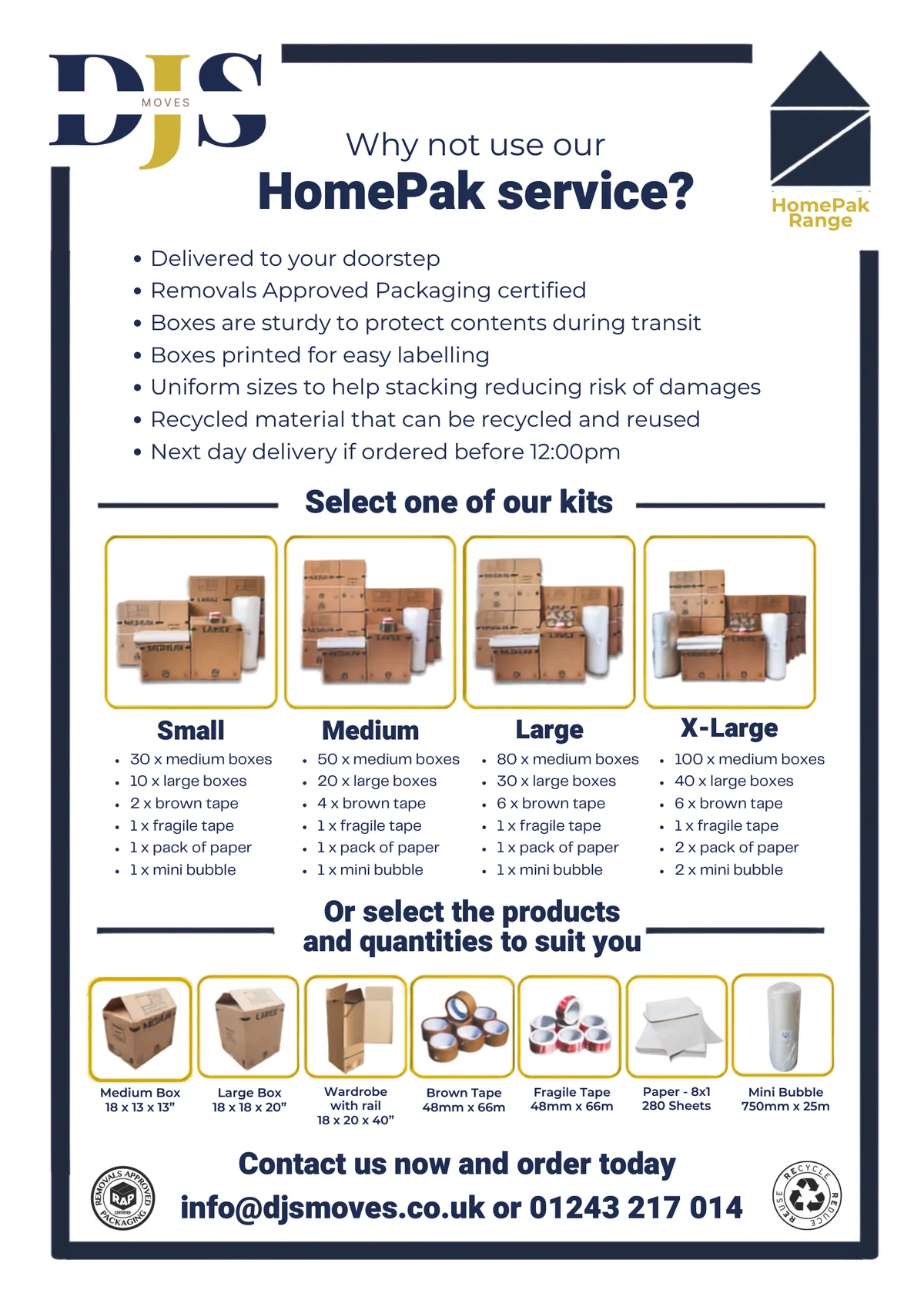 DJS Moves packing materials leaflet with kits, boxes and accessories