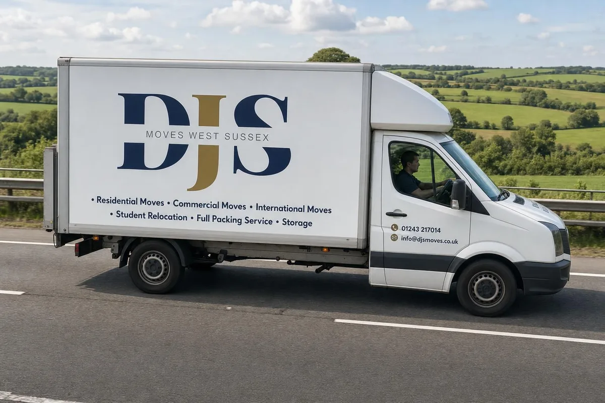 Branded DJS Moves van travelling along a motorway through the countryside