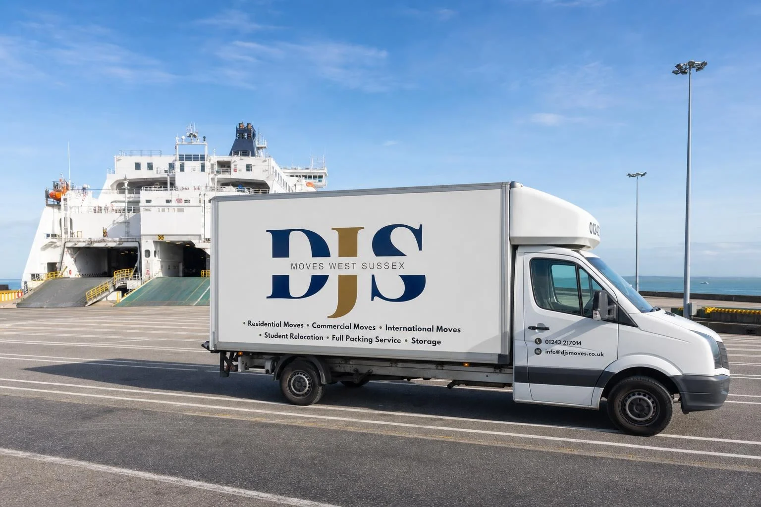 DJS Moves van in the freight lanes at a south coast ferry port