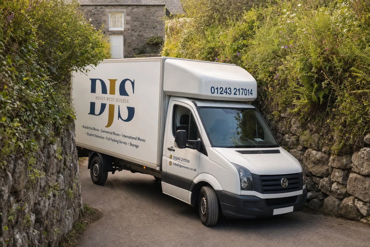 DJS Moves van on a narrow Guernsey country lane between granite walls