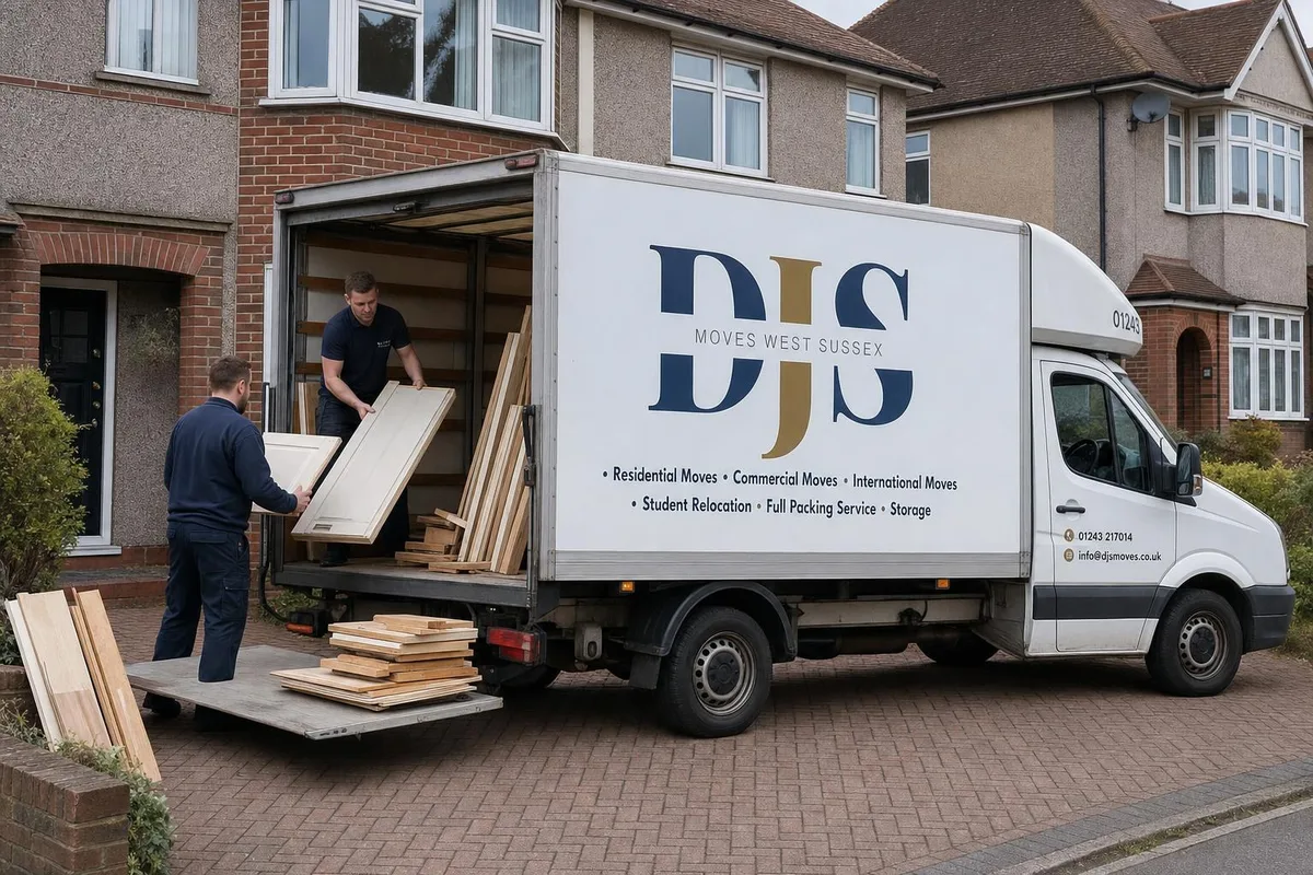 Renovation waste being loaded onto the branded DJS Moves van waiting on a driveway