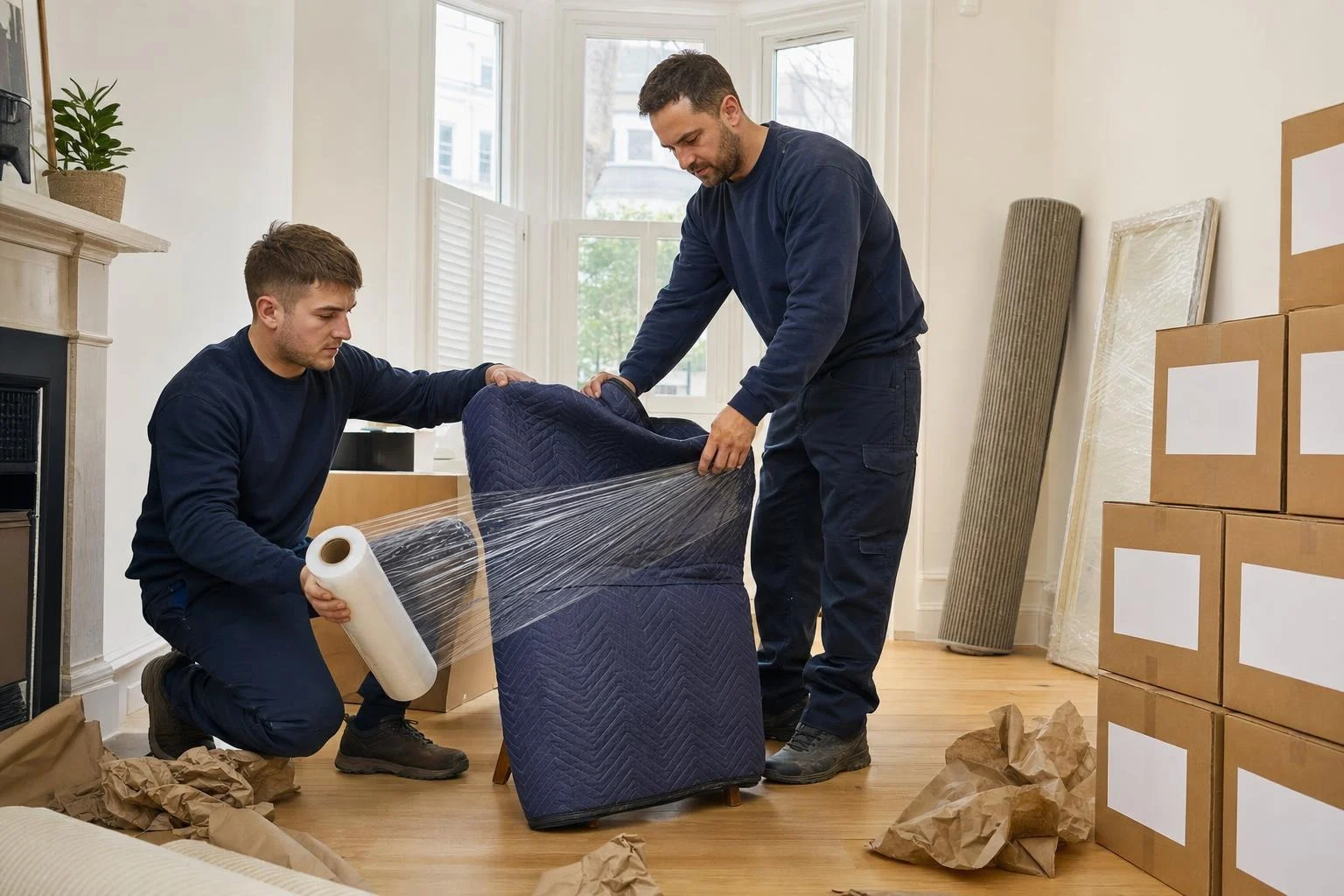 Removal team wrapping a chair in blankets and shrink wrap for a sea crossing