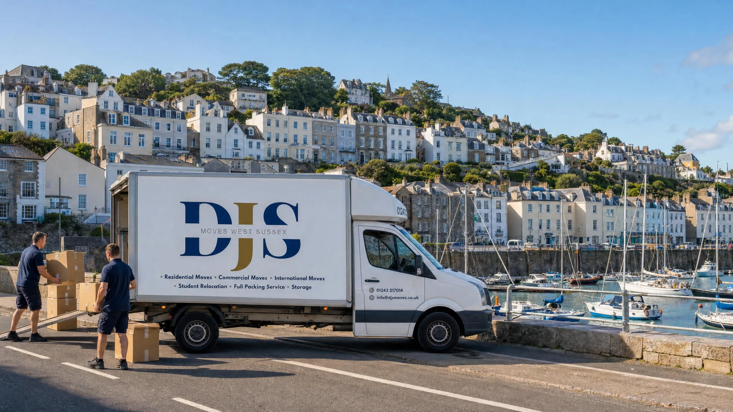 DJS Moves van unloading boxes beside a Guernsey harbour
