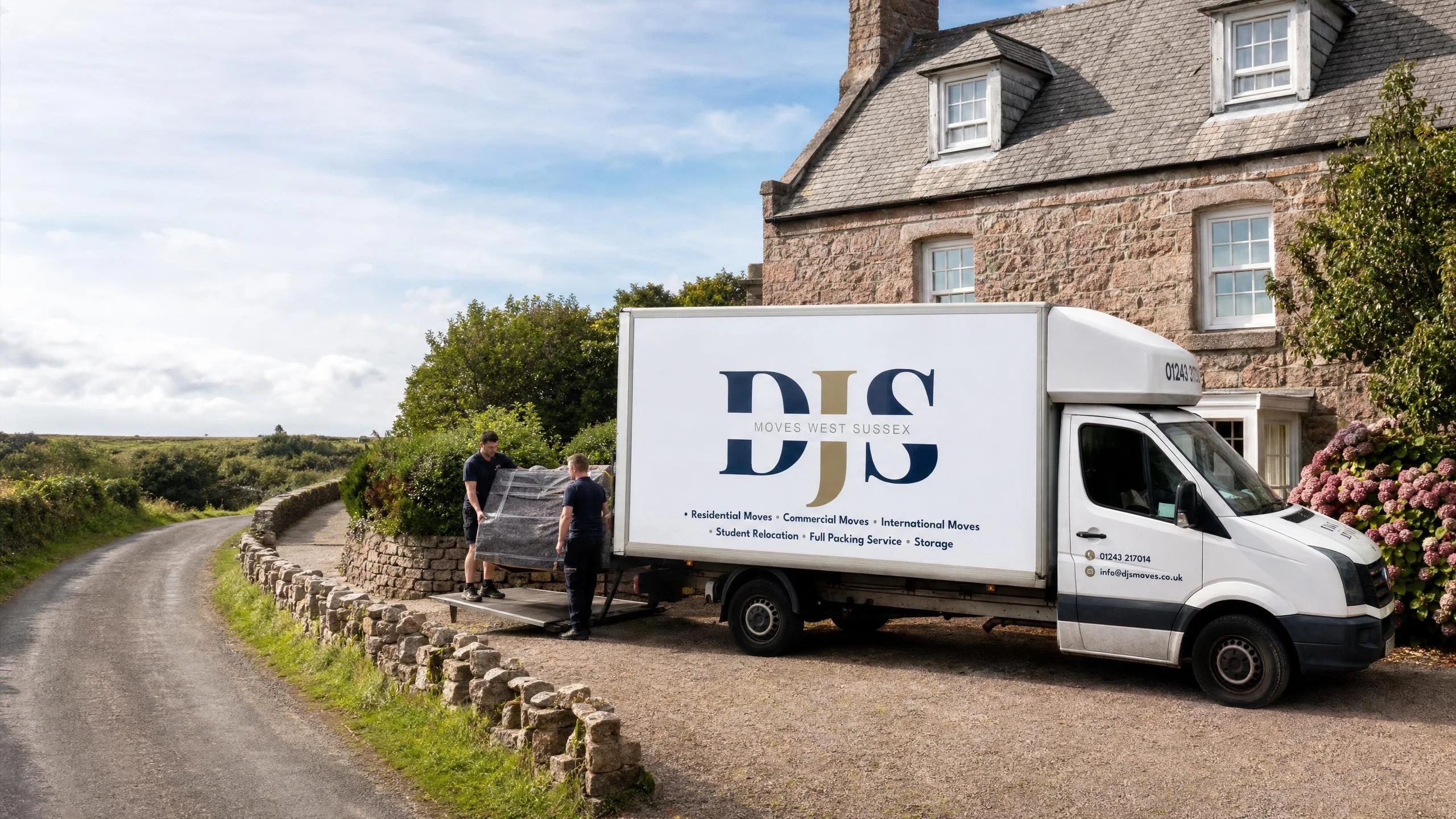 DJS Moves van delivering furniture to a granite farmhouse in Jersey
