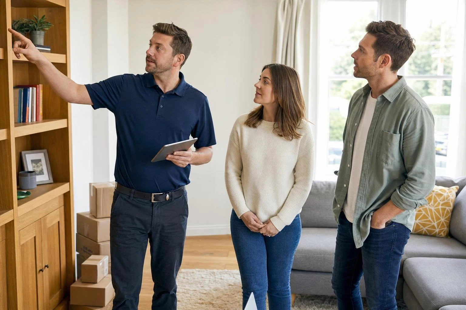 Removals surveyor walking through a living room with a couple to plan their move